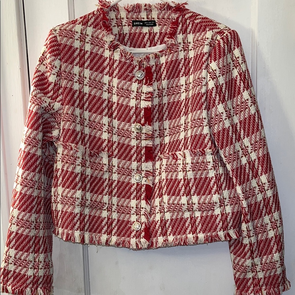 SHEIN Red and White Checkered Tweed Blazer PTP 20”, L 19”, AL 23”